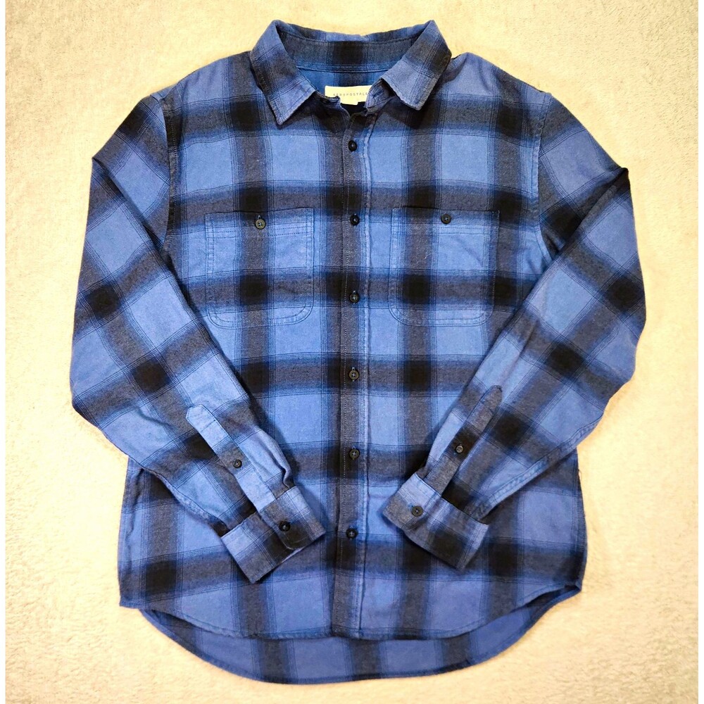 Aéropostale Men's S Plaid Flannel Button Up Shirt Long Sleeve Blue Black Pockets